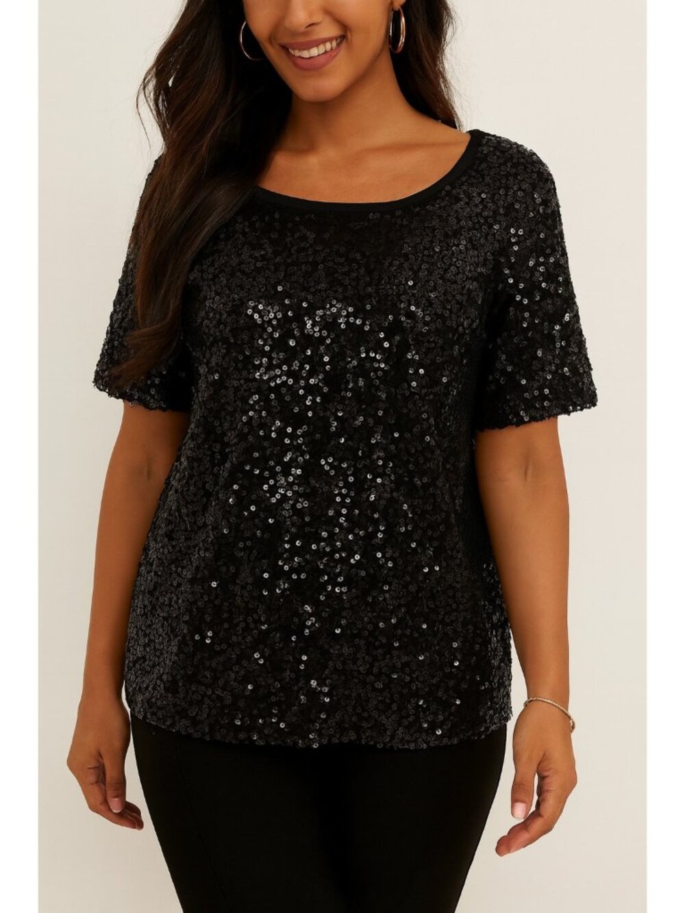 Women's Full Black Sequin Glitter Sparkle Tunic Loose Shirt Top Size XL